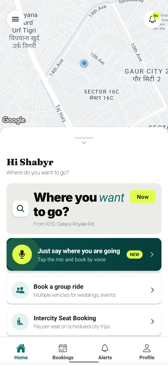 The EgBookings rider app home screen