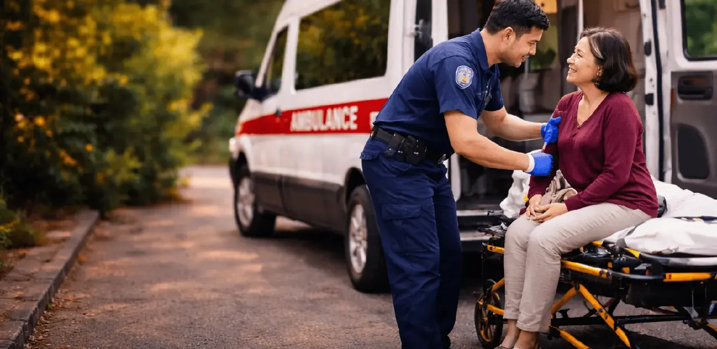 An ambulance with its rear doors open and an attendant alongside