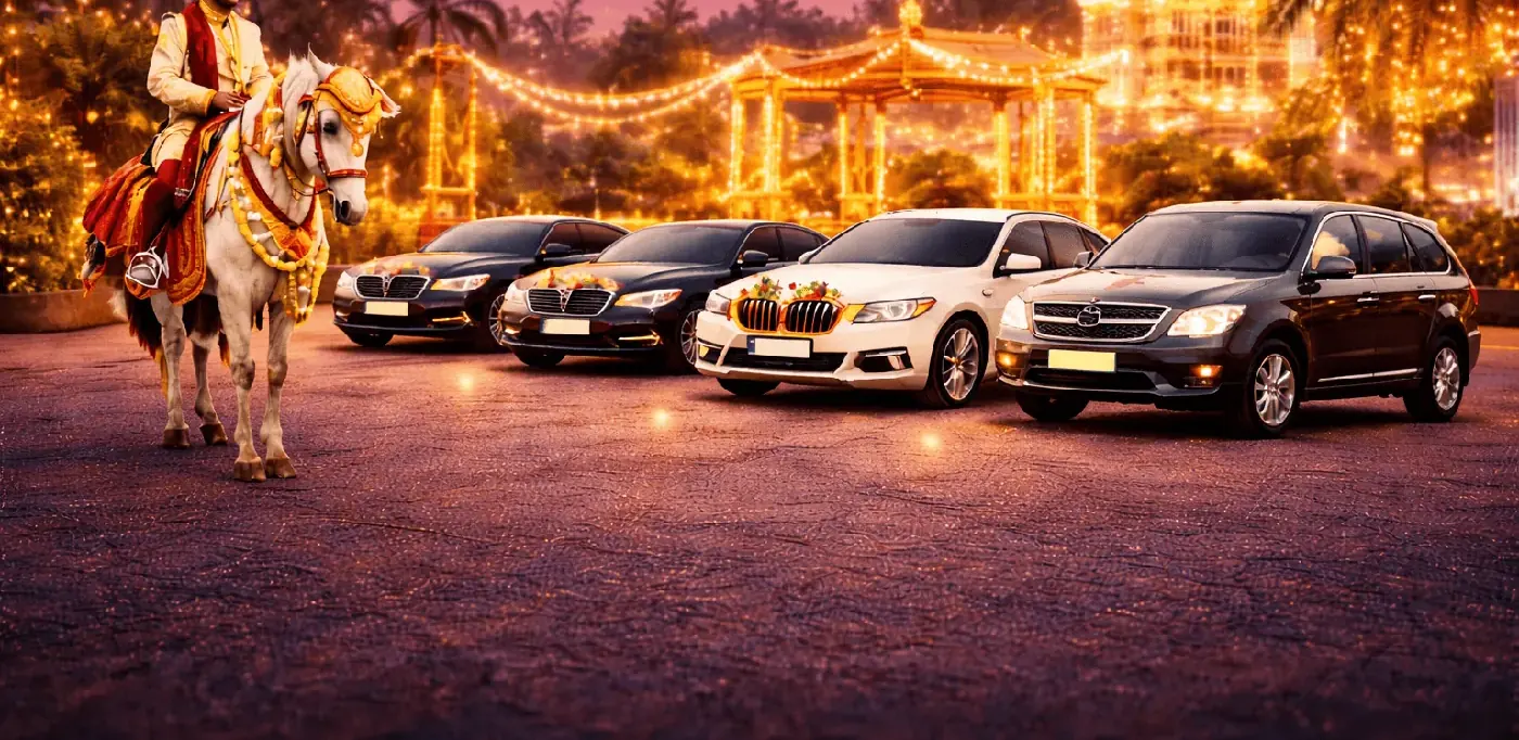 A line of decorated cars waiting for a wedding baraat