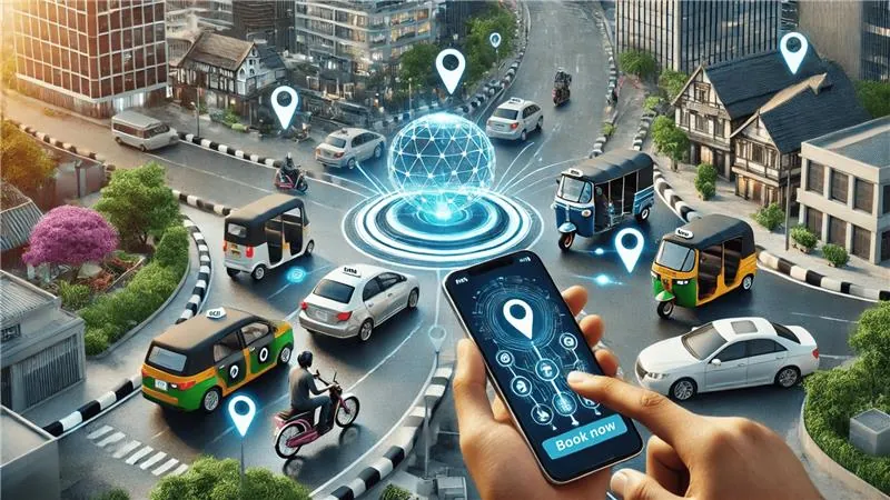 Illustration of a traveller booking a car in a city